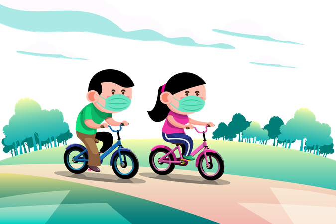 Kids Riding Cycle During the epidemic  Illustration