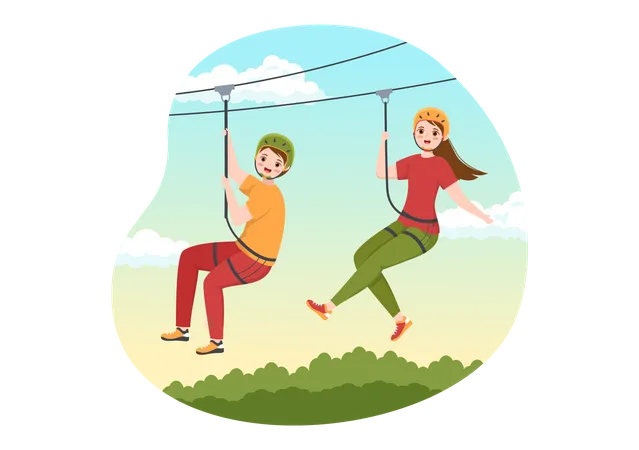 Kids riding on zip line  Illustration