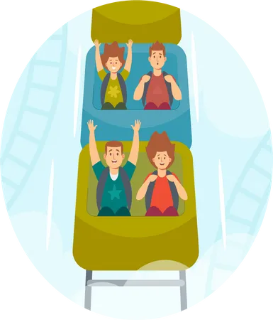Kids Riding Roller Coaster in Amusement Park Illustration