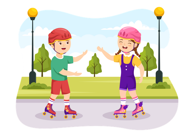 Kids Riding Roller Skates  イラスト