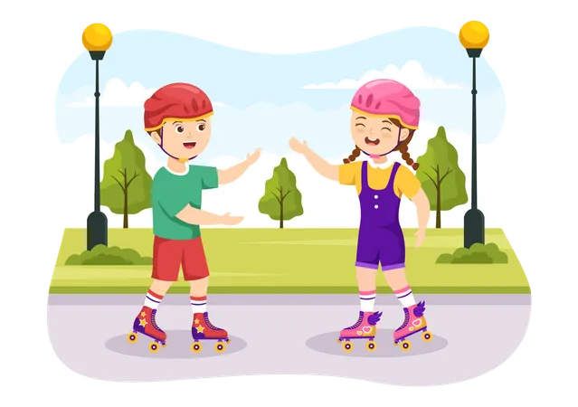 Kids Riding Roller Skates  イラスト