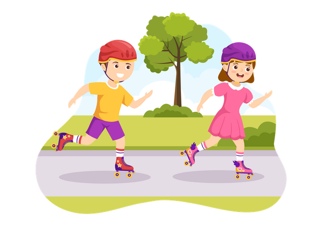 Kids Riding Roller Skates In Park  Illustration