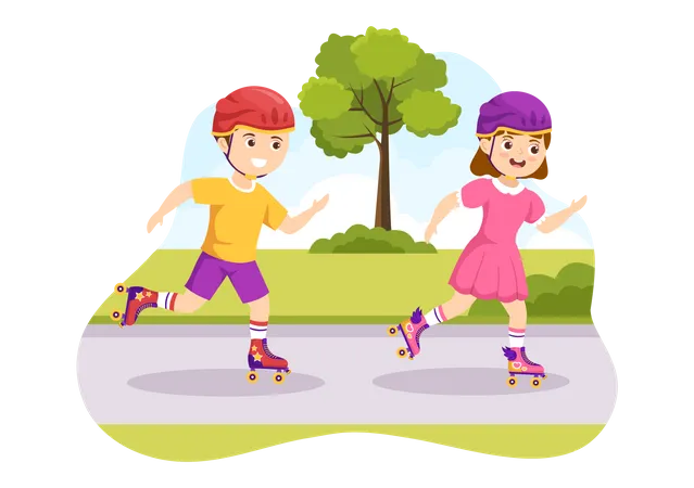 Kids Riding Roller Skates In City Park For Outdoors Activity Sport Recreation Or Weekend Leisure In Flat Cartoon Hand Drawn Templates Illustration Illustration