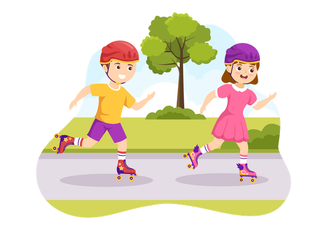 Kids Riding Roller Skates In Park  Illustration