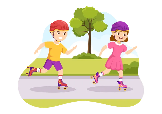 Kids Riding Roller Skates In Park  Illustration