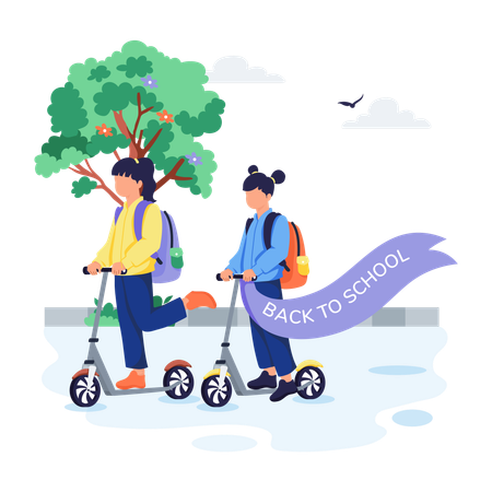 Kids riding Scooter while going to school  Illustration