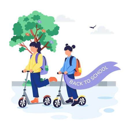 Kids riding Scooter while going to school  Illustration