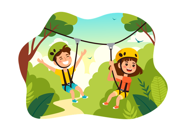 Kids Riding Zip Line  Illustration