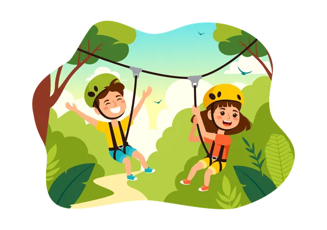 Kids Riding Zip Line  Illustration