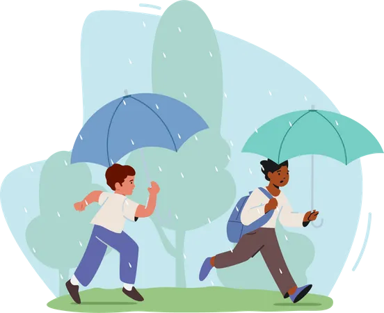 Kids running with umbrella in hand  Illustration