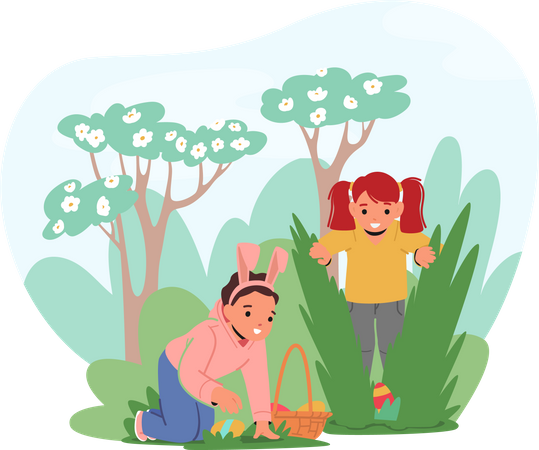 Kids searching for hidden easter eggs  Illustration