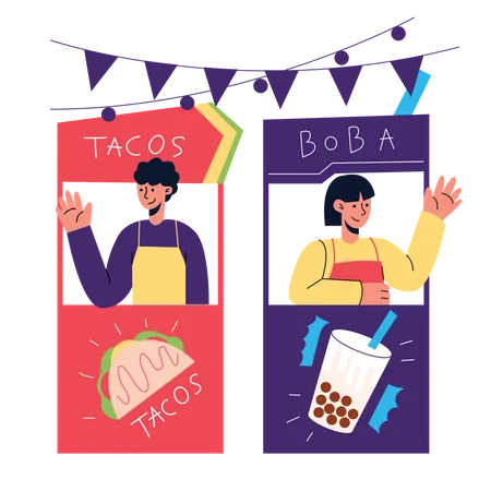 Kids selling food from food booth  Illustration
