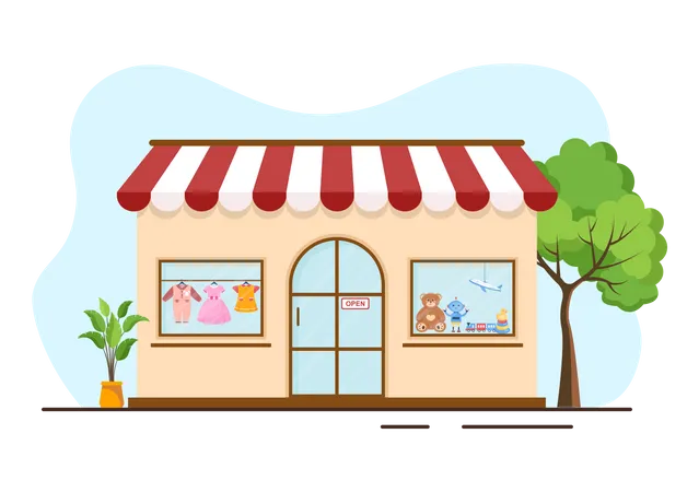 Kids Shop Building Template Hand Drawn Cartoon Flat Style Illustration With Children Equipment Such As Clothes Or Toys For Shopping Concept Illustration