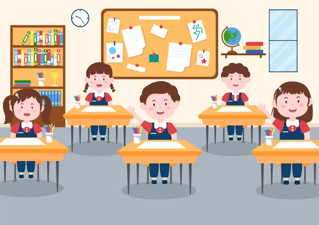 Primary School With Cute Little Students Studying In The Classroom In Hand Drawn Flat Cartoon Illustration Template Illustration