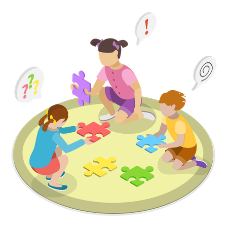 Kids solving puzzles together  Illustration