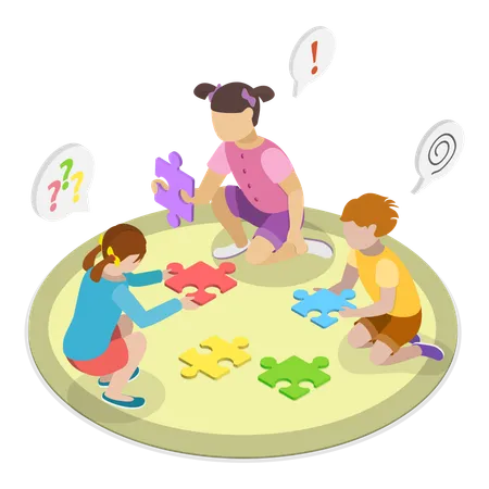 Kids solving puzzles together  Illustration