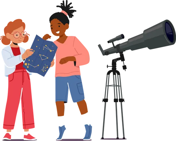 Kids studying astronomy while looking through telescope  Illustration