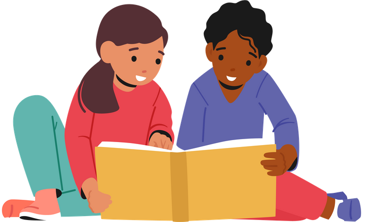 Kids studying from book together Illustration