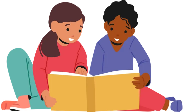 Kids studying from book together Illustration