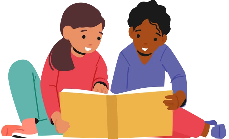 Kids studying from book together  Illustration