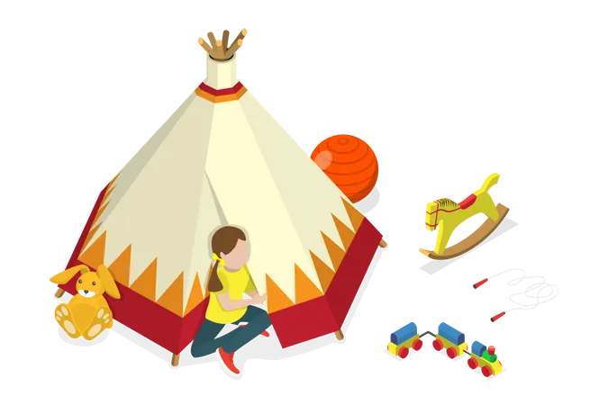 3 D Isometric Flat Vector Conceptual Illustration Of Kids Teepee Tent Children Outdoors Activities Illustration
