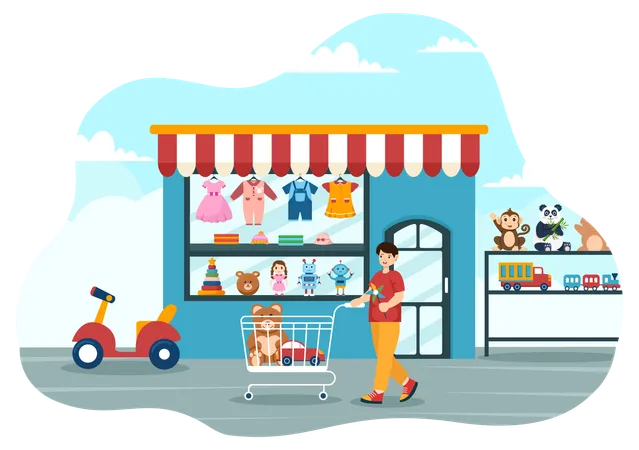 Kids Shop Vector Illustration With Boys And Girls Children Equipment Such As Clothes Or Toys For Shopping Concept In Flat Cartoon Background Illustration