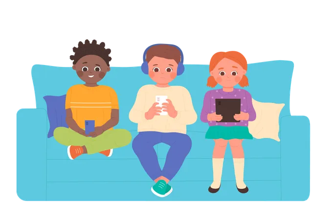 Kids Using Mobile Phones Tablet And Laptop For Online Games And Study Vector Illustration Cartoon Happy Friends Sitting On Couch In Home Interior Background Internet Addiction Problem Concept Illustration