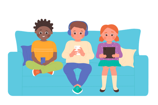 Kids using digital devices  イラスト