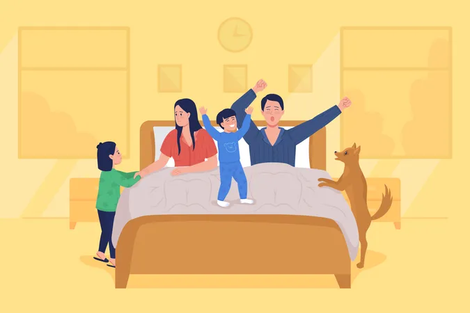 Kids Wake Up Parents Flat Color Vector Illustration Mother And Father Yawning In Bed Early Morning Routine Children Play Family 2 D Cartoon Characters With Bedroom On Background Illustration