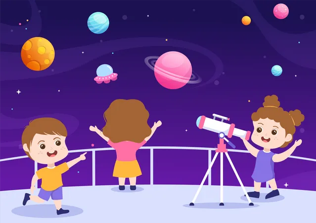 Kids Watching Night Starry  Illustration