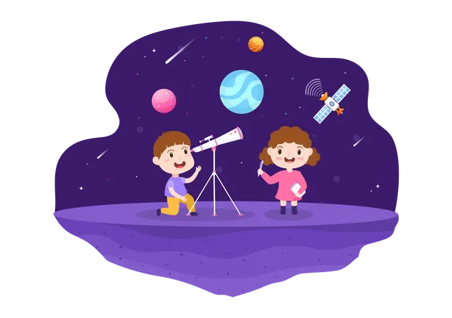 Astronomy Cartoon Illustration With Cute Kids Watching Night Starry Sky Galaxy And Planets In Outer Space Through Telescope In Flat Hand Drawn Style イラスト