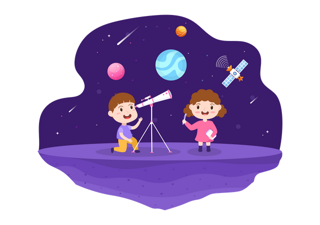 Kids Watching Night Starry Sky  Illustration