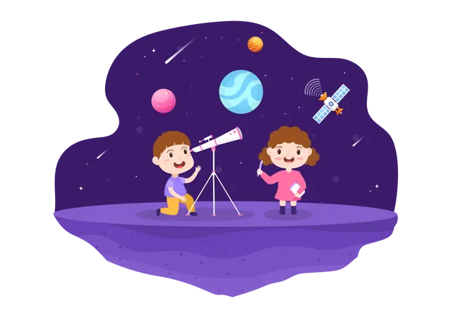 Kids Watching Night Starry Sky  Illustration