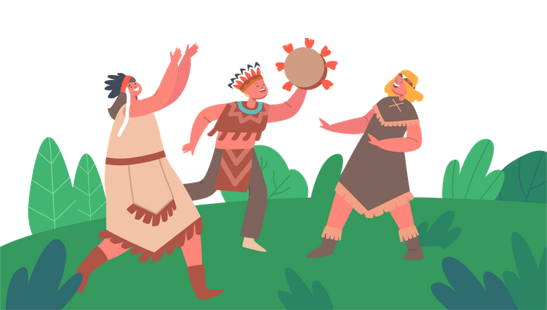 Kids Wear Traditional Costumes and Playing Drums and Dance  Illustration