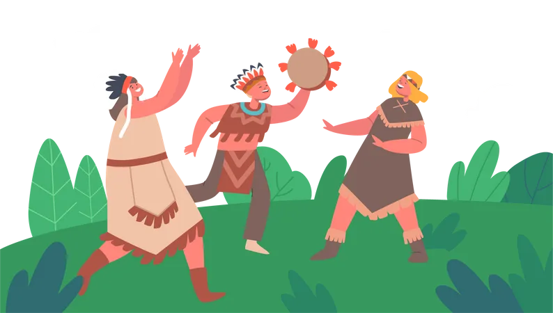Kids Wear Traditional Costumes and Playing Drums and Dance Illustration