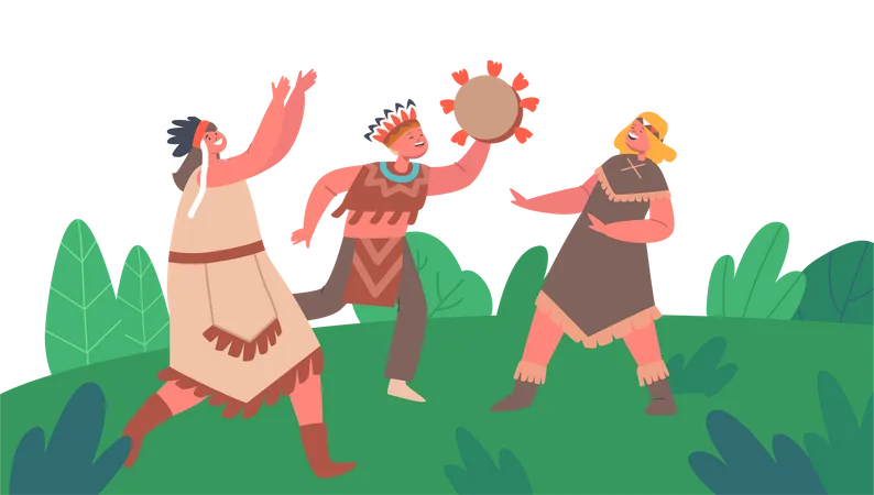 Kids Wear Traditional Costumes and Playing Drums and Dance  Illustration