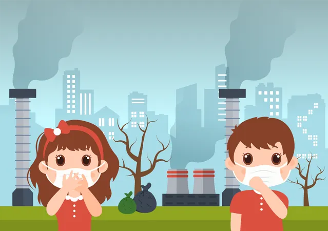 Kids wearing face mask due to pollution Illustration