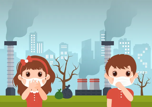 Kids wearing face mask due to pollution  Illustration