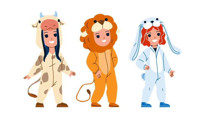 Kids Wearing Funny Animal Pajamas Together  Illustration
