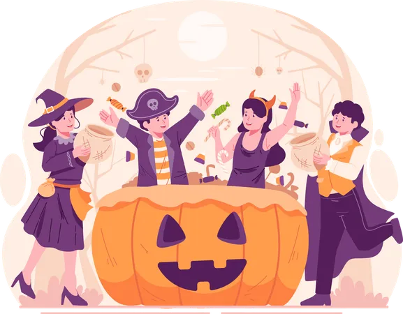 Kids Wearing Halloween Costumes and Having Fun With Large Pumpkin Basket Filled With Sweets and Candies  Illustration