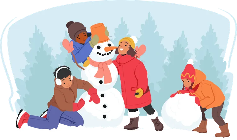 Kids Winter Spare Time Recreation Little Children Character Having Outdoors Fun Make Snowman Winter Time Snow Games Amusement And Relax New Year And Christmas Activities Vector Illustration Illustration