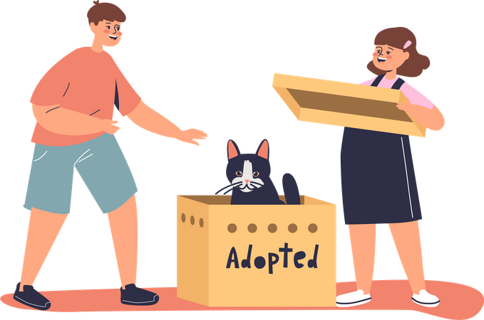 Kids with adopted cat  Illustration