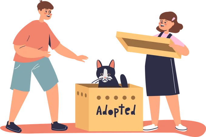 Kids with adopted cat  Illustration