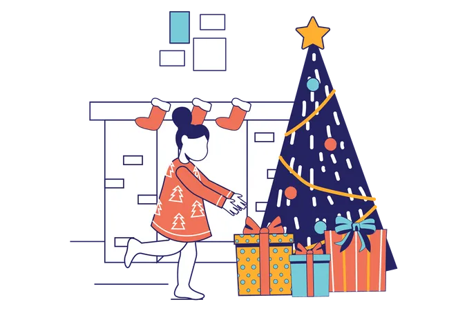 Merry Christmas Concept In Flat Line Design For Web Banner Little Girl Takes Gift Near Holiday Tree In Festive Decorated Living Room Modern People Scene Vector Illustration In Outline Graphic Style イラスト
