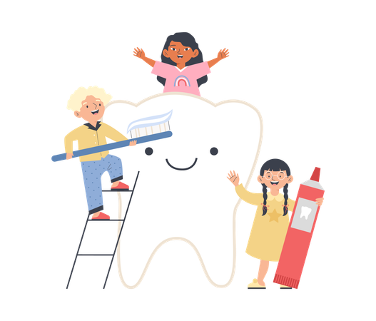 Kids with dental hygiene supplies brushing teeth  Illustration