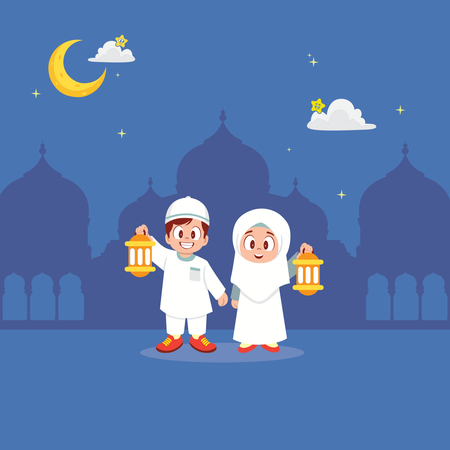 Kids with lantern celebrating ramadan  Illustration