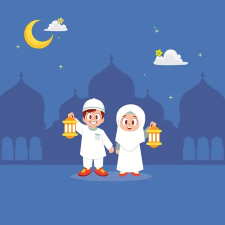 Kids with lantern celebrating ramadan  Illustration