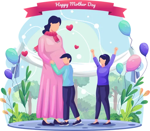 Children Are Happy To Celebrate Their Mother Who Is Pregnant Happy Mothers Day Greeting Flat Vector Illustration Illustration