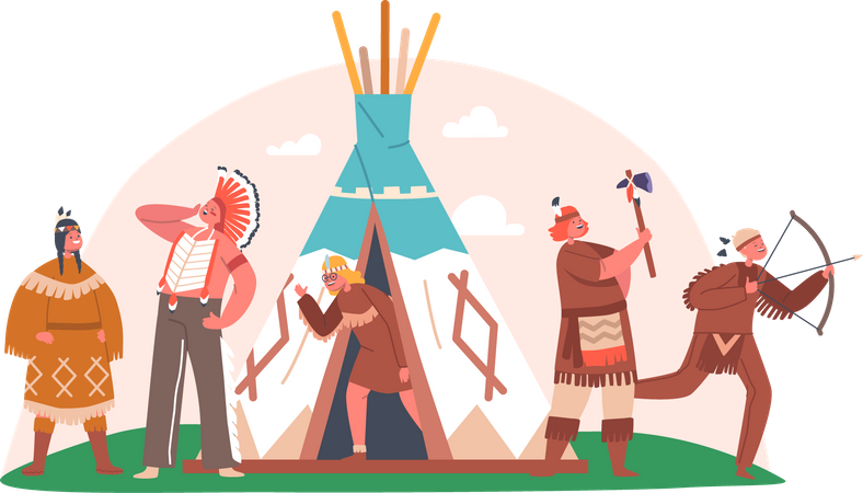 Kids with Weapon near Wigwam Tent Illustration