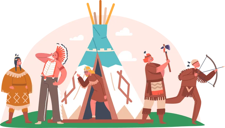 Kids with Weapon near Wigwam Tent  Illustration